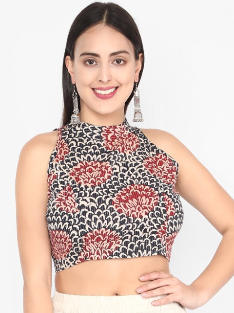 

Molcha Women Maroon & Navy Ajrakh Print Cotton Ready Made Saree Blouse