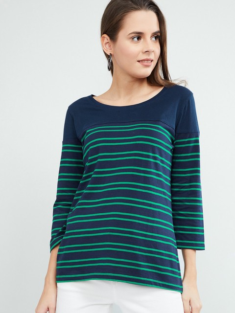 

max Women Navy Blue & Green Striped Round Neck T-shirt