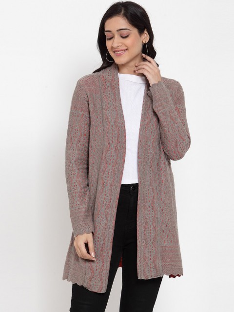 

Kalt Women Orange & Grey Self Design Front-Open Sweater