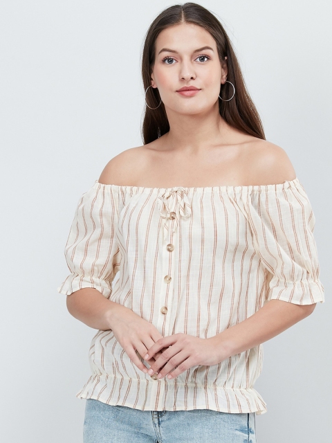 

max Women Cream-Coloured & Brown Striped Bardot Pure Cotton Top
