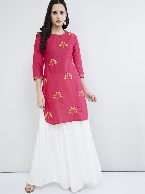 

max Women Pink & Yellow Embroidered A-Line Kurta