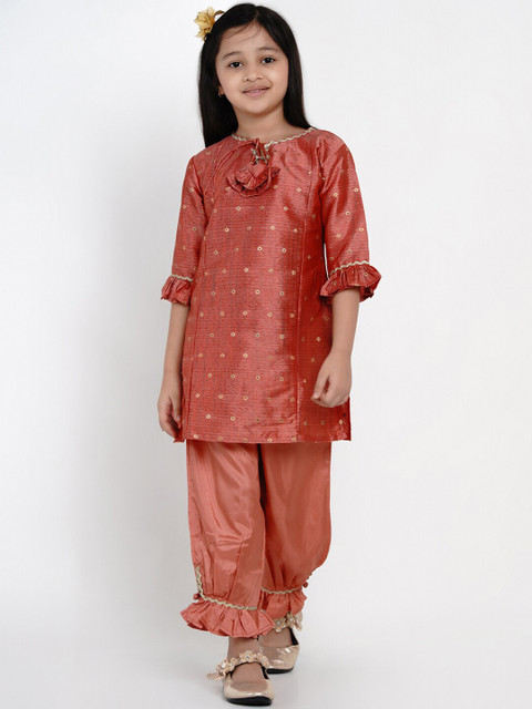 

Bitiya by Bhama Girls Rust-Coloured Woven Design Kurta with Trousers