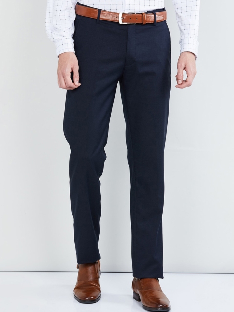 

max Men Navy Blue Slim Fit Solid Formal Trousers