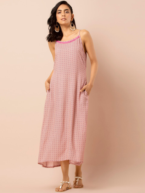 

INDYA Pink Printed Mirror Lace High Low Strappy Dress