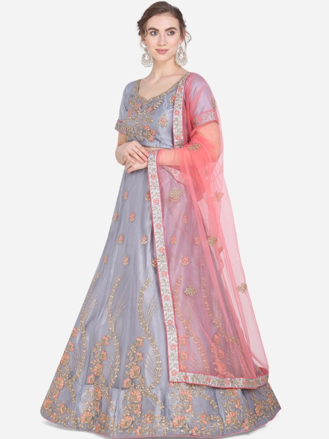 

Mitera Grey & Peach-Coloured Embroidered Unstitched Lehenga & Blouse with Dupatta