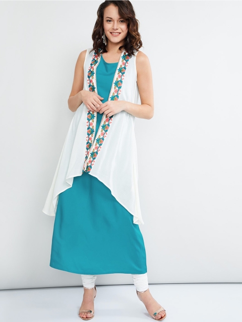 

max Women Off-White & Blue Embroidered A-Line Kurta