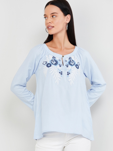 

max Women Blue Embroidered A-Line Top