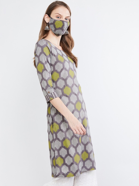 

max Women Grey & Green Printed Straight Kurta