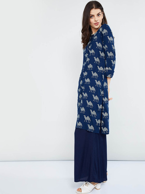 

max Women Navy Blue Printed Straight Kurta