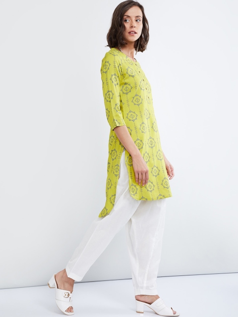 

max Women Lime Green & Blue Woven Design A-Line Kurta