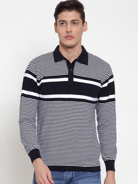 

Kalt Men Navy Blue Striped Pullover Sweater