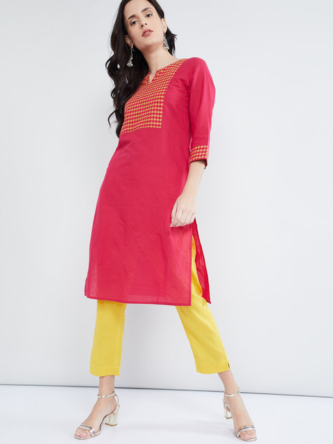 

max Women Pink & Yellow Yoke Design Straight Kurta