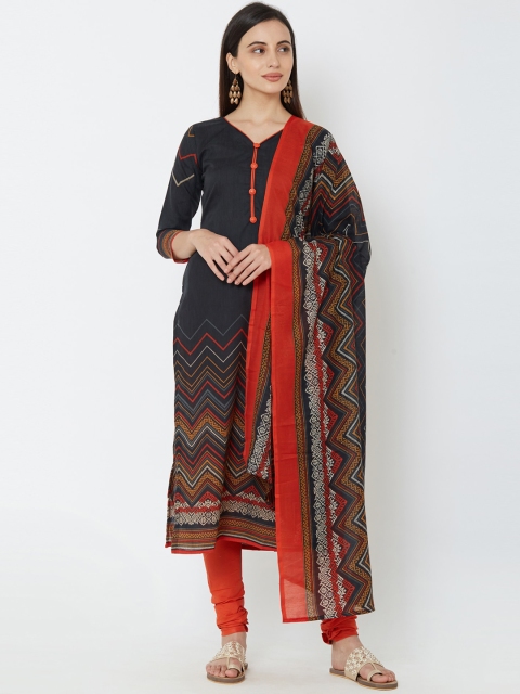 Satrani Black & Orange Pure Cotton Unstitched Dress Material