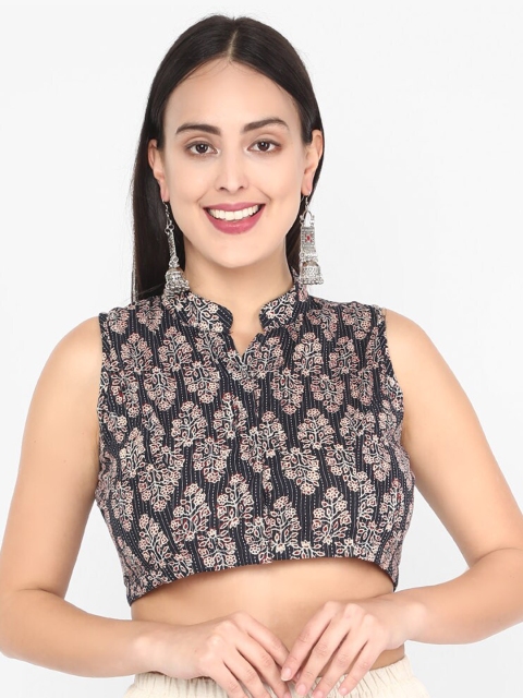 

Molcha Women Navy Blue & Beige Printed Saree Blouse
