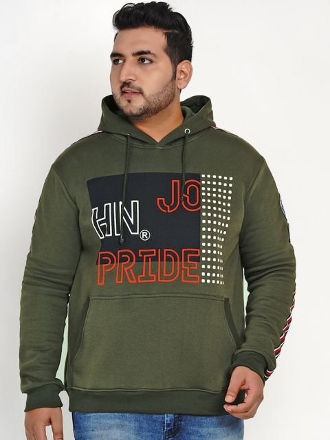 

John Pride Men Olive Green Printed Hooded Plus Size Sweatshirt