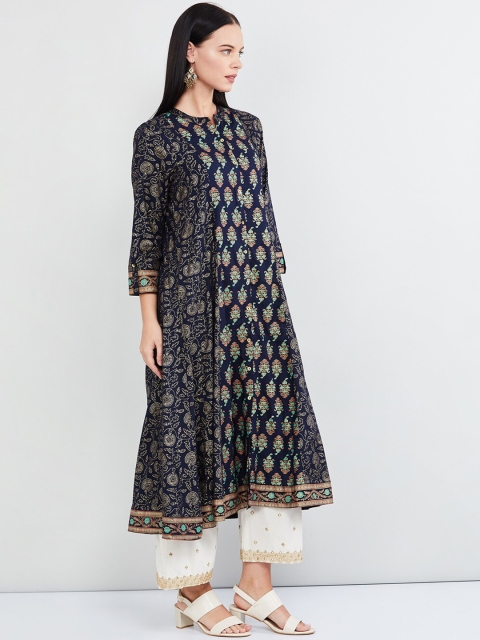 

max Women Navy Blue & Gold-Toned Printed Anarkali Kurta