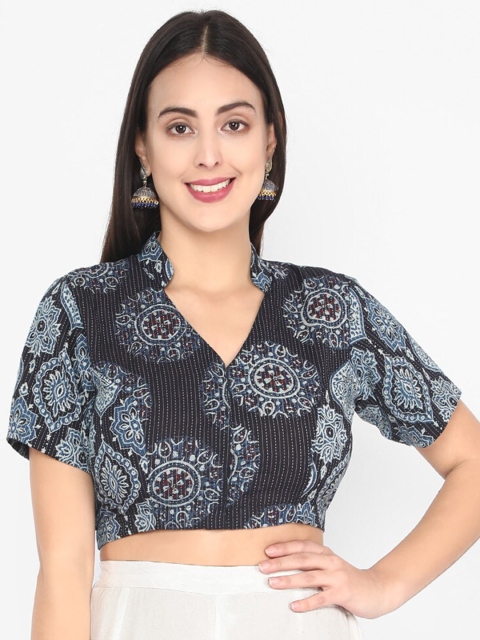 

Molcha Women Blue & Black Printed Readymade Ajrak Saree Blouse