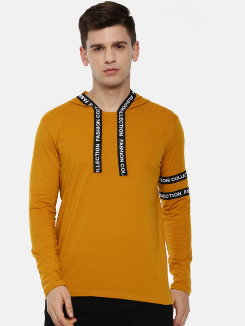 

KAY DEE Men Mustard Yellow Black Colourblocked Hood Pure Cotton T-shirt