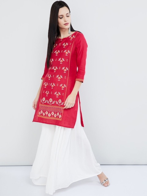 

max Women Fuchsia Pink & Grey Embroidered Straight Kurta
