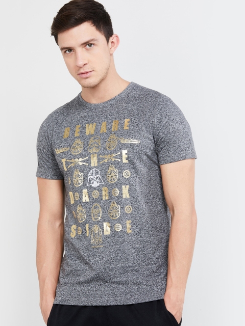 

max Men Grey Printed Round Neck T-shirt