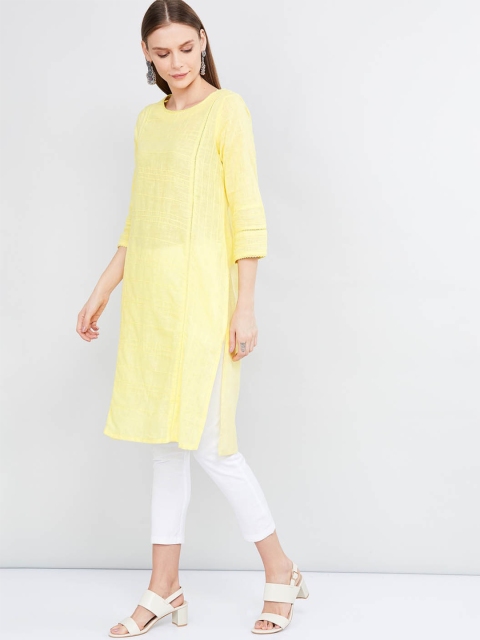 

max Women Yellow Woven Design Straight Kurta