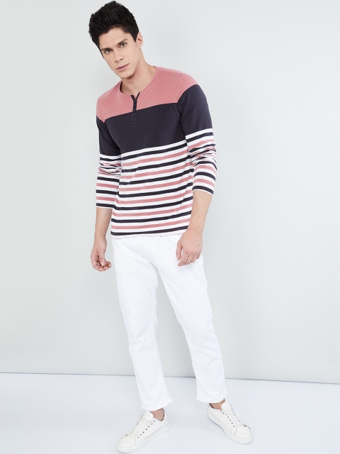 

max Men Pink & Charcoal Grey Striped Henley Neck T-shirt