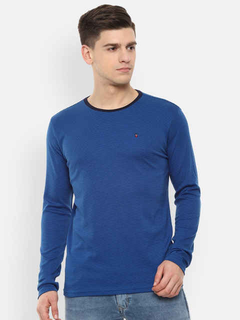 

Louis Philippe Sport Men Blue Striped Round Neck Pure Cotton T-shirt
