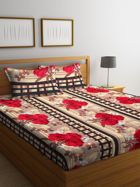 

NEUDIS Beige & Red Floral 180 TC Cotton 1 King Bedsheet with 2 Pillow Covers