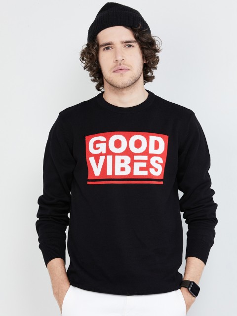 

max Men Black Printed Round Neck Pure Cotton T-shirt