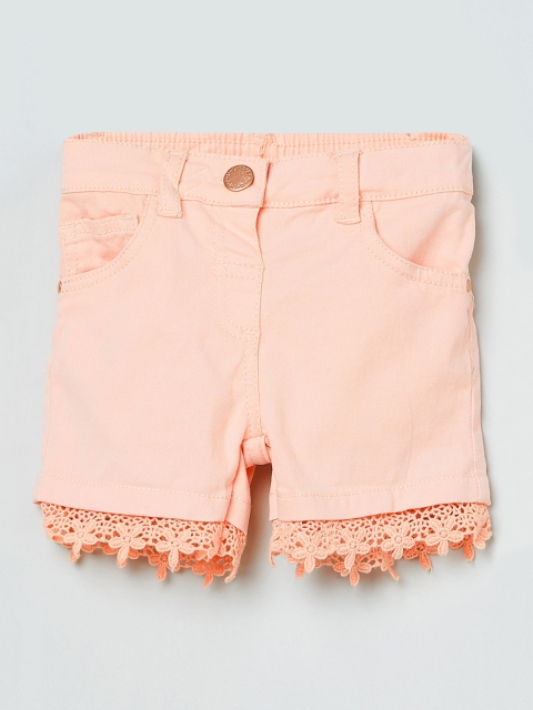 max Girls Peach Solid Regular Fit Denim Shorts