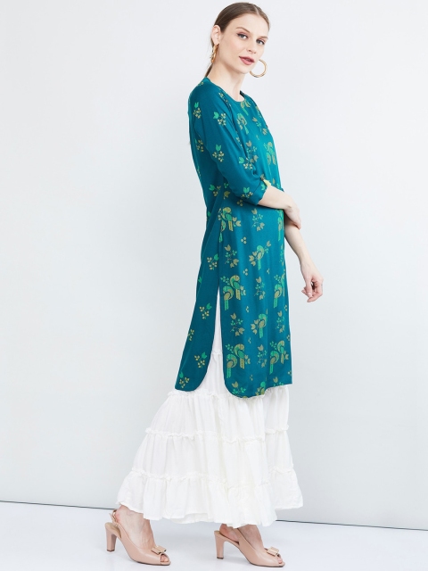 

max Women Teal Blue & Green Printed Straight Kurta