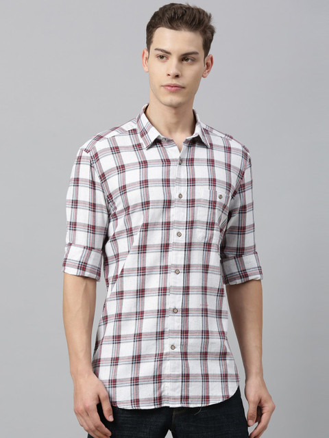

RARE RABBIT Men White & Maroon Tailored Fit Checked Casual Shirt