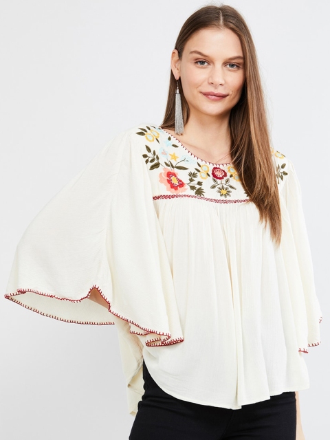 

max Women Off-White & Red Embroidered A-Line Top