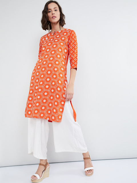 

max Women Orange & White Printed Straight Kurta