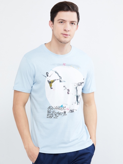 max Men Blue Printed Round Neck T-shirt
