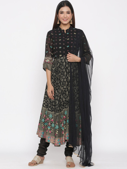 

Juniper Women Black & Beige Printed Kurta with Churidar & Dupatta