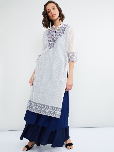 

max Women Off-White & Blue Woven Design Straight Kurta