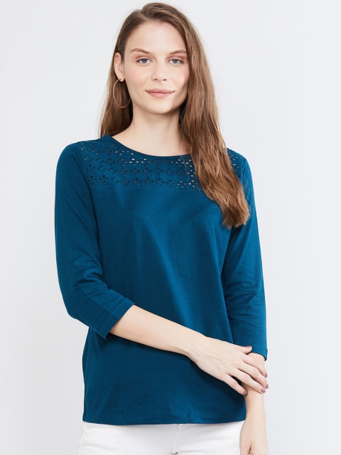 

max Women Teal Blue Solid Pure Cotton Top
