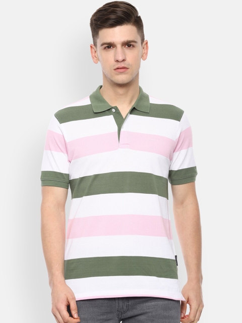 

Van Heusen Men Pink White Striped Polo Collar Pure Cotton T-shirt