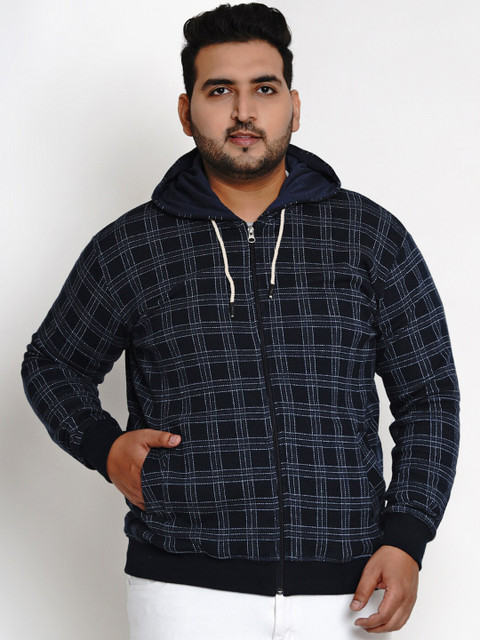

John Pride Men Navy Blue Checked Hooded Plus Size Sweatshirt