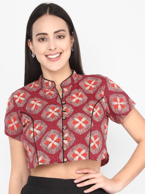 

Molcha Women Maroon & Coral Orange Printed Non Padded Readymade Ajrak Saree Blouse