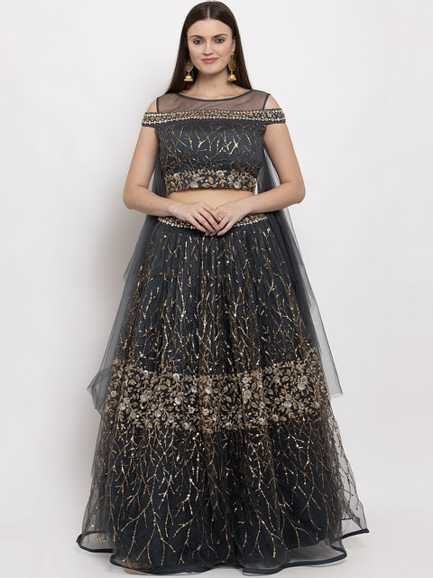 

KHALOM Women Grey & Gold Ready to Wear Lehenga with Blouse Set