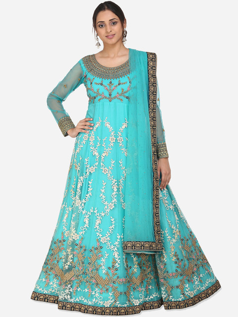 

RIYA Women Turquoise Blue & Gold-Coloured Embellished Ethnic Maxi Dress with Dupatta