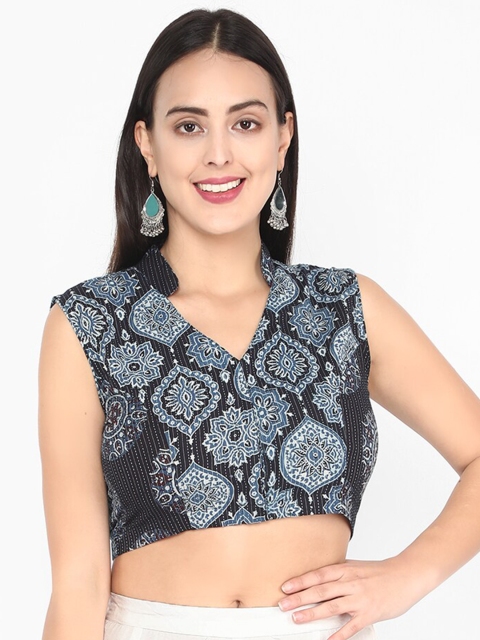 

Molcha Women Black & Blue Printed Ajrak Saree Blouse
