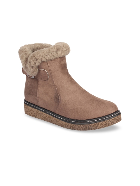 

Flat n Heels Women Brown Solid Suede High-Top Flat Boots