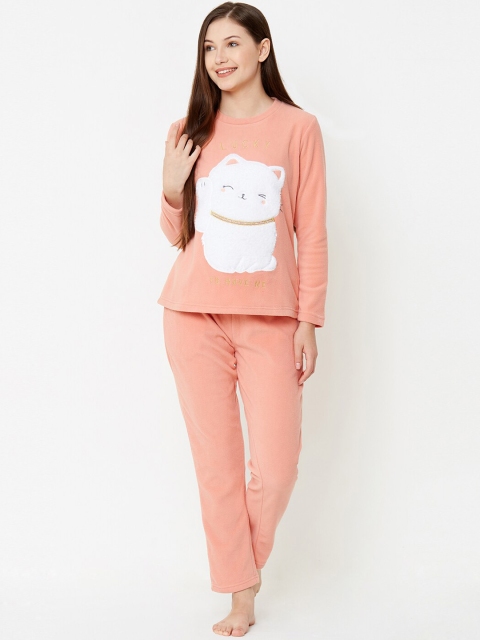 

Sweet Dreams Women Peach-Coloured & White Solid Night suit