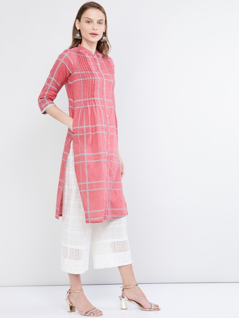 

max Women Pink & Grey Checked Straight Kurta