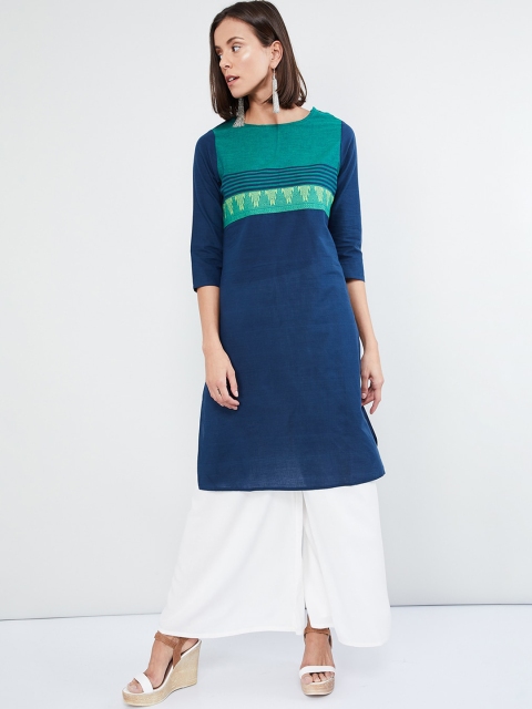 

max Women Blue & Green Embroidered Straight Kurta