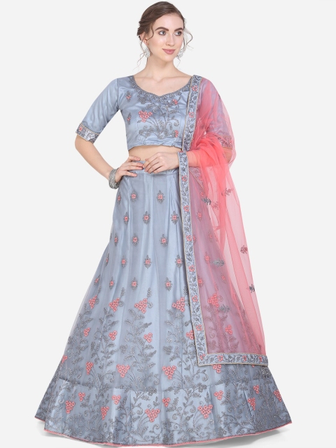 

Mitera Grey & Peach-Coloured Embroidered Unstitched Lehenga & Blouse with Dupatta