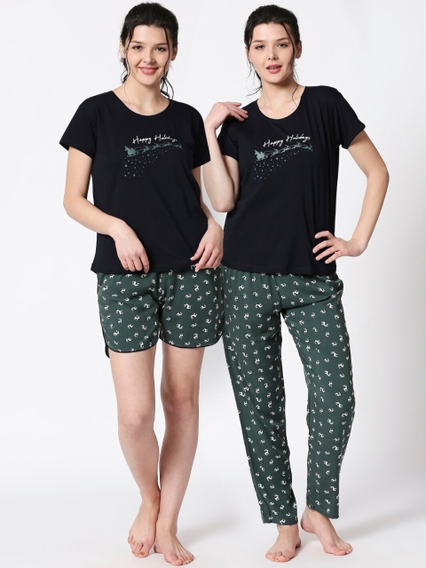 

I like me Women Navy Blue & Olive Green 3 Piece Printed Night suit